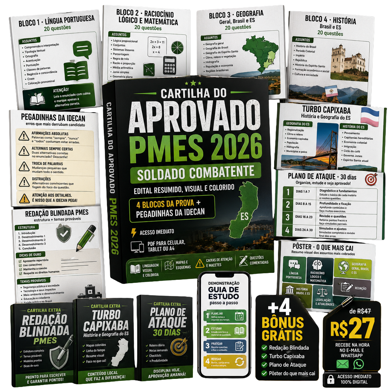 Cartilha do Aprovado PMES 2026 completa, com os 4 bônus
